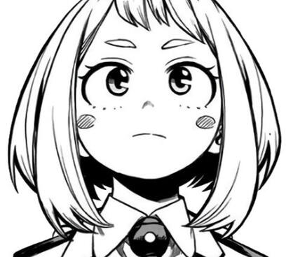 Personagem fictícia Ochako Uraraka em preto e branco.